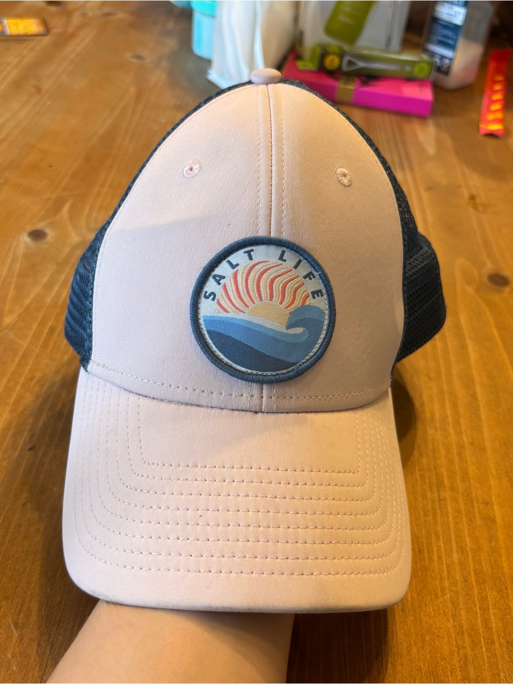 Salt Life womens wave patch snapback trucker hat pink blue